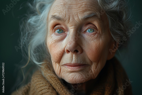 A serene elderly woman on a peaceful green background, emanating tranquility and a life well-lived. Concept of graceful aging. Generative Ai. © Sebastian