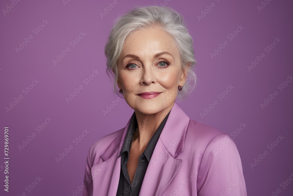 Cheerful senior woman looking at camera and smiling. Portrait of beautiful senior woman with grey hair in purple jacket. Cheerful senior woman looking at camera and smiling. Portrait of beautiful senior woman with grey hair in purple jacket.
