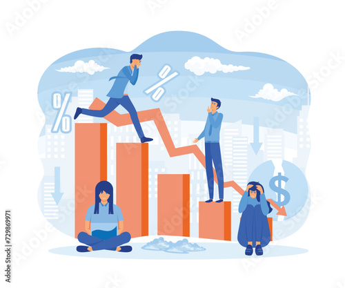 Panicking people amid the collapse of stock quotes. Conceptual business story. Financial crisis, economic recession, bankruptcy, depression. flat vector modern illustration