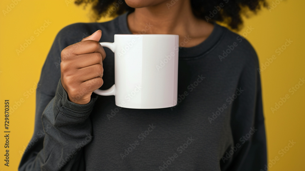 A Woman Is Holding A White Coffee Mug In Her Hand