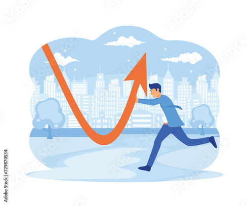 A minimal style of a red down graph of the financial crisis, economic downturn, inflation, recession, failure, bankruptcy, and crisis concept. Businessmen team push up decrease business chart diagram.