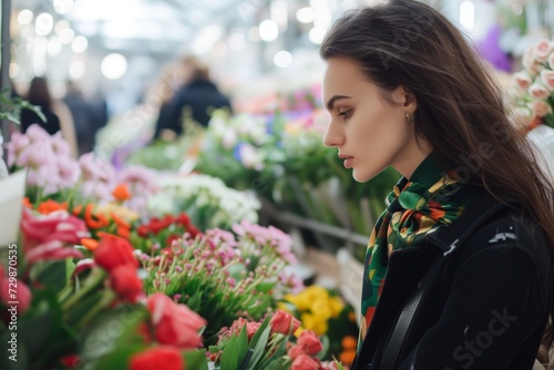 fashionista with silk necktie, browsing a flower market
