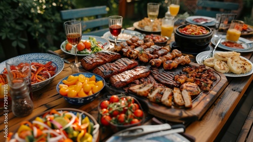 A table set for a BBQ feast  with various grilled dishes and sides