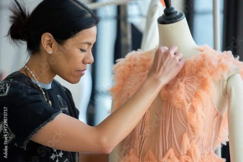 designer adjusting peach fuzz summer dress on a mannequin photo