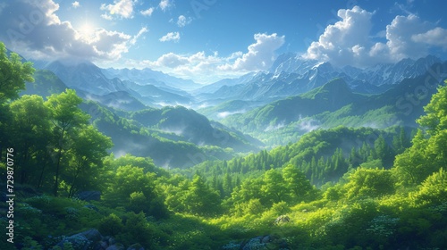 A serene mountain landscape with a touch of spring Generative AI