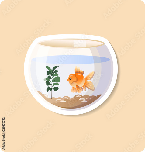 Fish sticker illustration. Aquarium, seaweed, water, glass. Editable vector graphic design.