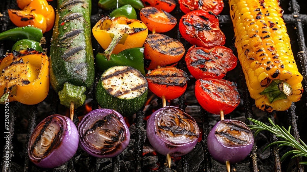 A variety of colorful vegetables grilling on a BBQ, with grill marks visible