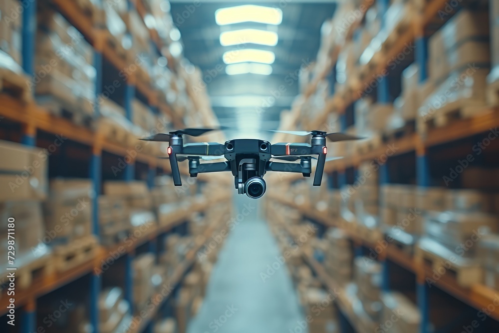 Drone in modern warehouse. Drone/future gadgets, modern innovative technologies delivery concept. 