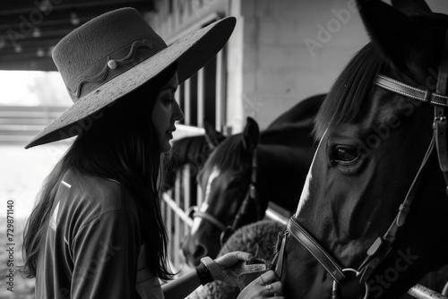 woman in a widebrimmed hat tending to horses in a stable