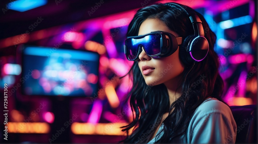 Augmented Reality. An immersive experience with AR vision pro glasses and a VR headset in a mesmerizing neon gaming studio. Augmented Reality. An immersive experience with AR vision pro glasses and a VR headset in a mesmerizing neon gaming studio.