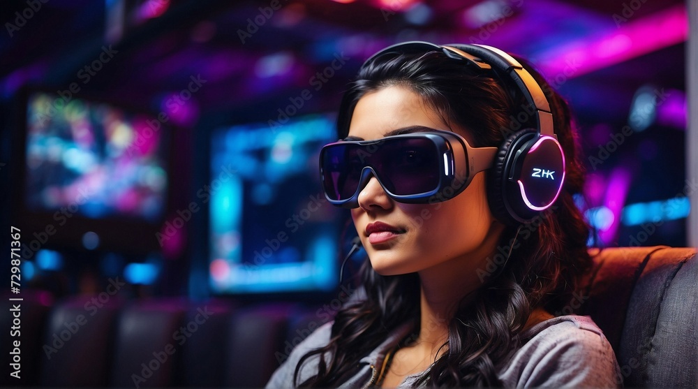 Woman wearing AR vision pro glasses and headset in gaming studio with neon lights Woman wearing AR vision pro glasses and headset in gaming studio with neon lights