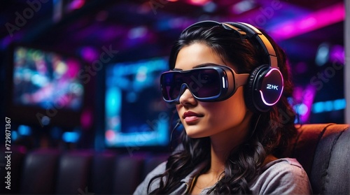 Woman wearing AR vision pro glasses and headset in gaming studio with neon lights © dimas