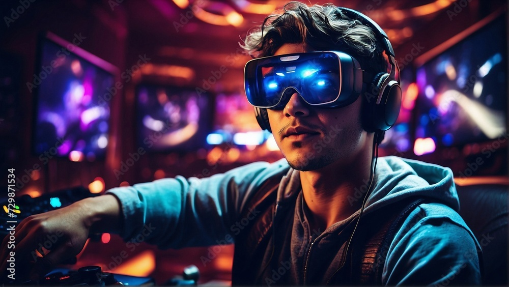 Gamer of the Future: A male gamer ready for action with AR vision pro glasses and a VR headset in an energetic neon gaming studio.