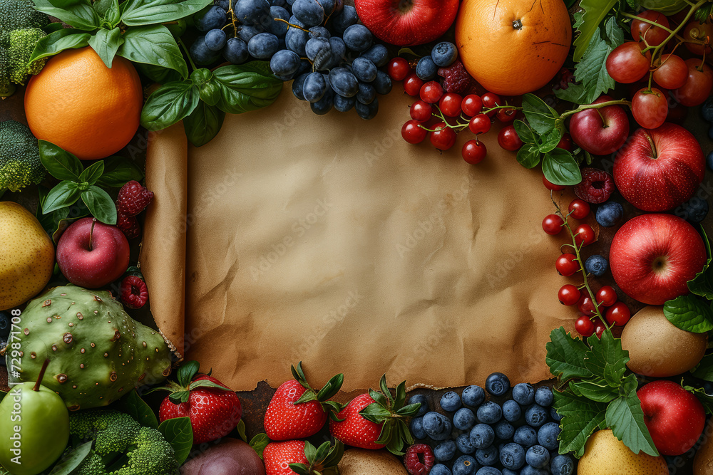 Top view of an antique parchment background surrounded by various fruits and vegetables, providing a fresh and colorful frame for text. Concept of wholesome abundance. Generative Ai. Top view of an antique parchment background surrounded by various fruits and vegetables, providing a fresh and colorful frame for text. Concept of wholesome abundance. Generative Ai.