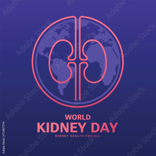World kidney day, Kidney health for all - Pink line kidney sign and circle globe world on blue purple background vector design