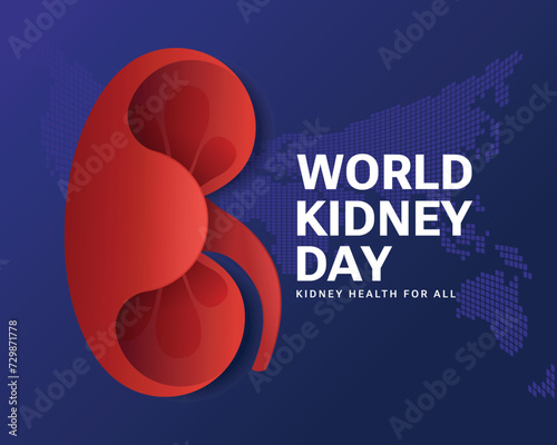 World kidney day, Kidney health for all - text and red modern kidney on world map texture blue purple background vector design