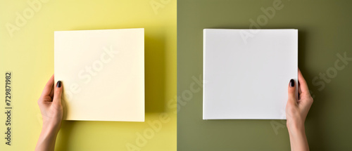 Hand Holding Blank Paper on Green Background. Mockup or Placeholder for Design