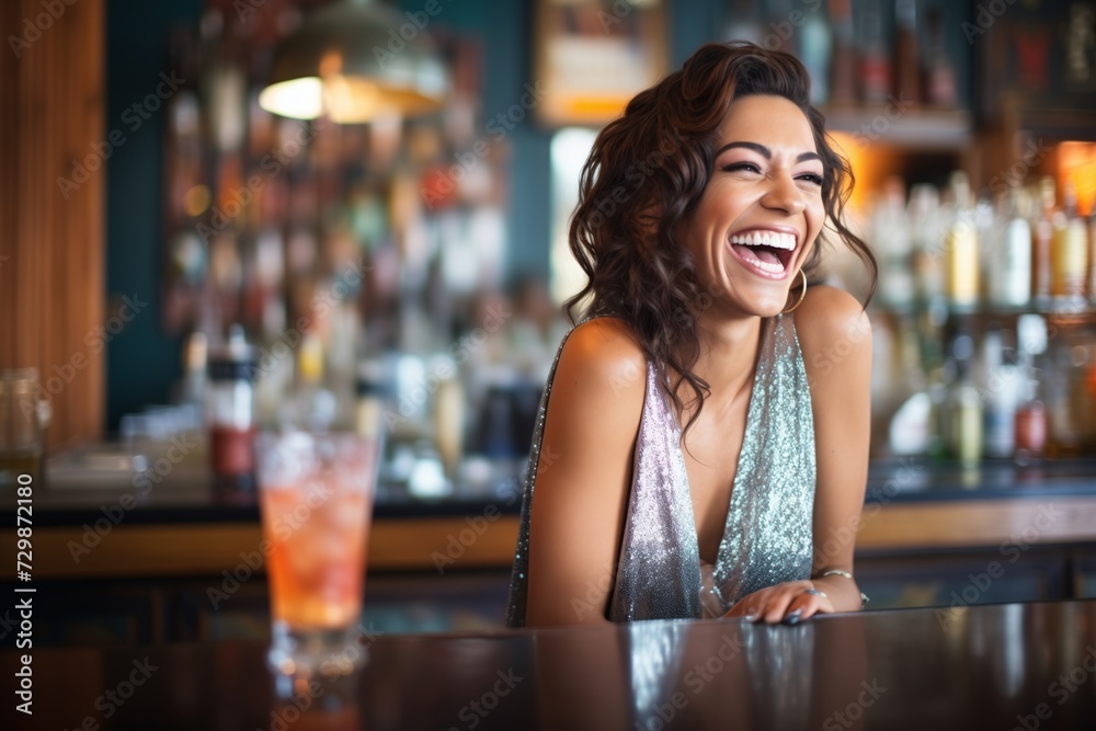 lady in sequined dress laughing with a cocktail at the bar lady in sequined dress laughing with a cocktail at the bar