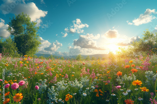 A sunlit meadow with wildflowers on the sides, leaving an open space for text. Concept of natural beauty and biodiversity. Generative Ai. © Sebastian