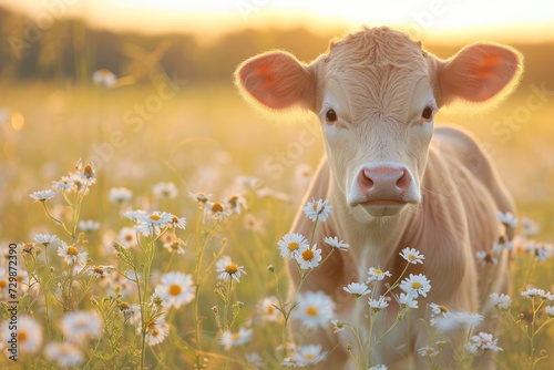 Calf in a Field of Wildflowers at Sunset, A young cow stands amidst a field of daisies, bathed in the warm glow of the setting sun.