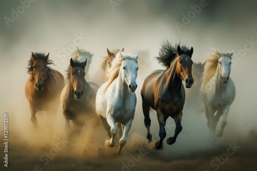 Herd of Horses Running Free at Dusk  A dynamic image capturing the power and freedom of a herd of horses galloping together through a cloud of dust at dusk.