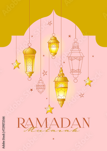Vector Ramadan Mubarak premade card. A4 page size. Vintage banner for your Ramadan wishing. Shining Arabic lanterns.  Pink Islamic Holidays background.