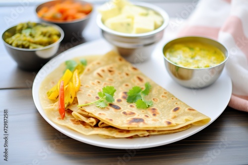aloo paratha with butter and pickles on side