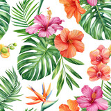 Seamless pattern Palm leaves, watercolor botanical painting. Jungle monstera leaf, hibiscus flowers bird-of-paradise
