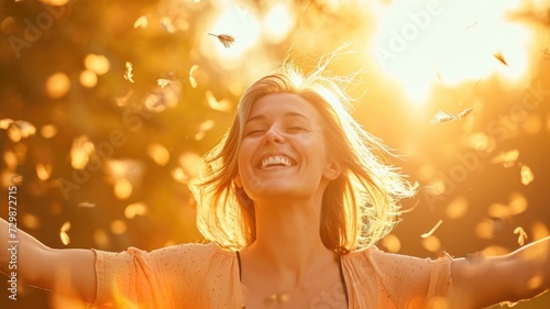 Happy woman with arms raised in a field of flowers at sunset,capture the positive energy and joy