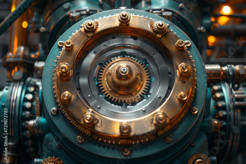 Front view of a steampunk-themed mechanical gear arrangement with an open center for text. Concept of industrial nostalgia. Generative Ai. © Sebastian