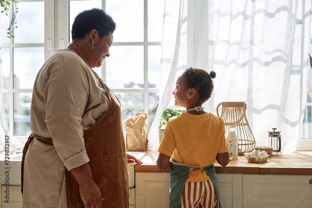 Back light shot of happy Black girl wearing apron standing at kitchen counter helping her grandma to cook meal Back light shot of happy Black girl wearing apron standing at kitchen counter helping her grandma to cook meal