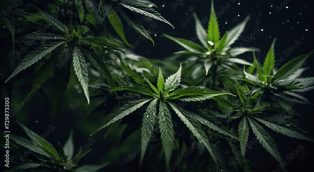 marijuana plant leaves drenched in rain on a dark background. marijuana plant leaves drenched in rain on a dark background.