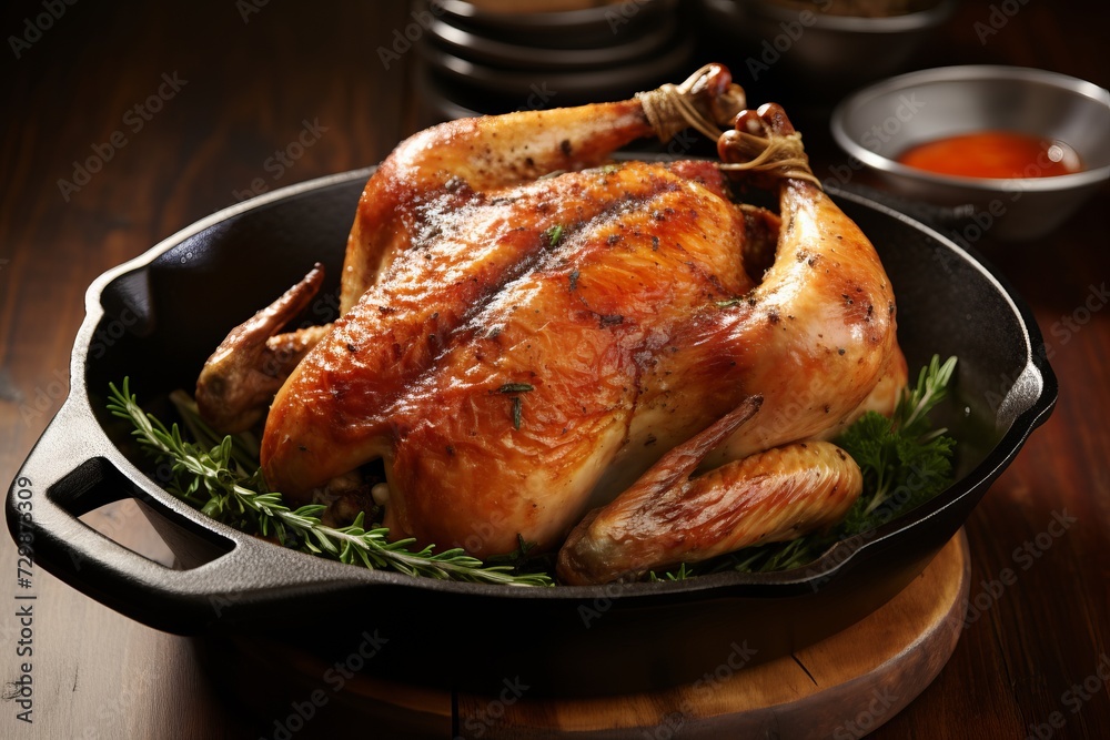 Fototapeta premium Delicious roasted chicken with crispy golden crust on elegant table
