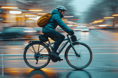 A cyclist using a bike instead of a car for daily commute, reducing carbon footprint. Concept of eco-friendly transportation and lifestyle choices. Generative Ai.