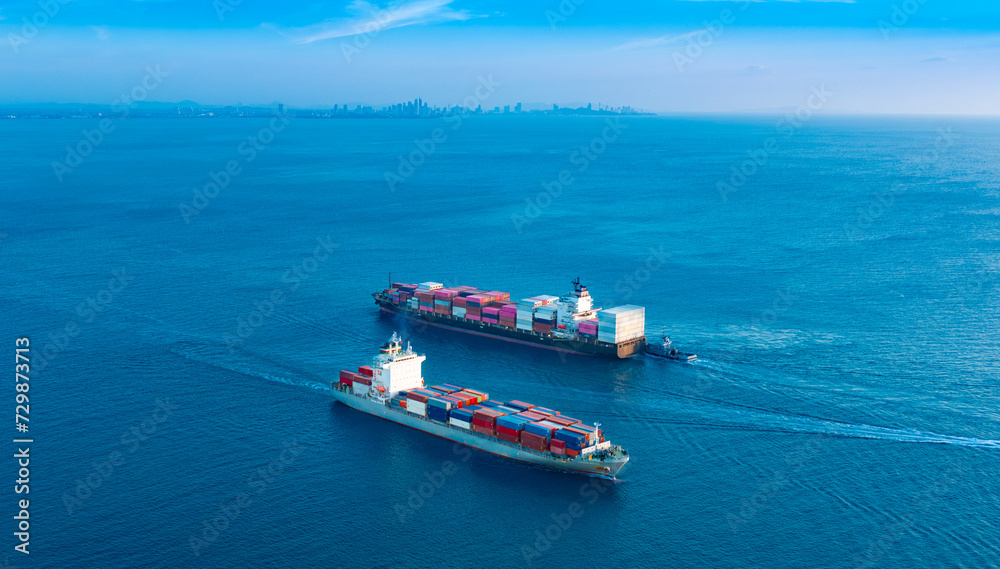 Aerial view of the freight shipping transport system two cargo ship container. international transportation Export-import business, logistics, transportation industry concepts