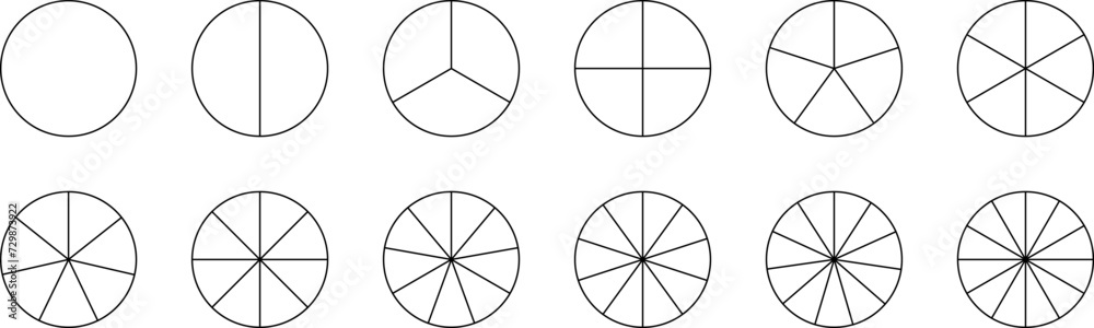 Fractions Pie Geometry Maths Mathematical Education Diagram. Circles divided in segments from 1 to 12 isolated vector illustration - obrazy, fototapety, plakaty 
