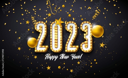 Happy New Year 2023 Design With Glowing Light Bulb Number Gold Glass Ball Black Background