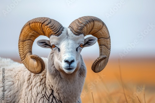 Majestic Bighorn Sheep with Curled Horns, Close-up of a bighorn sheep's head, showcasing its impressive curled horns and attentive gaze. © thanakrit