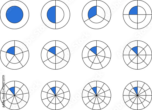 Fractions Pie Geometry Maths Mathematical Education Diagram. Circles divided in segments from 1 to 12 isolated vector illustration