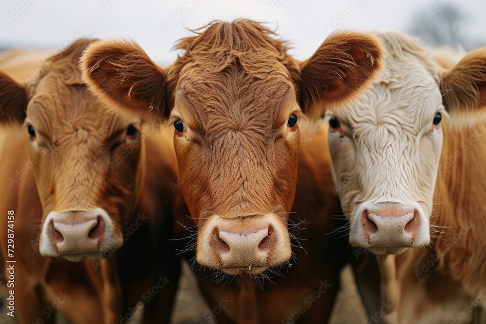 Trio of Cows Close-Up on a Farm, Three curious cows close-up with focused expressions, standing together on a farm with a clear, attentive gaze. Trio of Cows Close-Up on a Farm, Three curious cows close-up with focused expressions, standing together on a farm with a clear, attentive gaze.