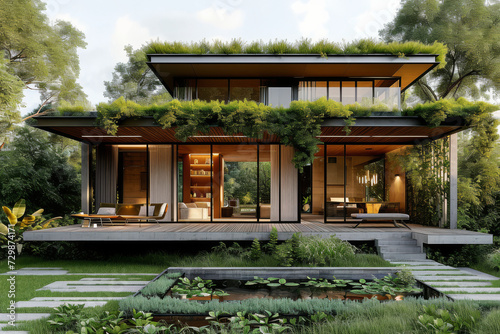 An eco-friendly home design with green roofing and natural ventilation  showcasing sustainable architecture. Concept of green building and eco-friendly design. Generative Ai.
