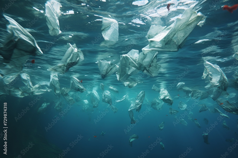 Fototapeta premium Plastic waste submerged in the underwater ocean abyss pollution environment contamination