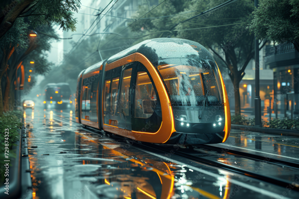 A public transportation system powered by clean energy, reducing urban pollution. Concept of sustainable urban planning and public transport. Generative Ai.