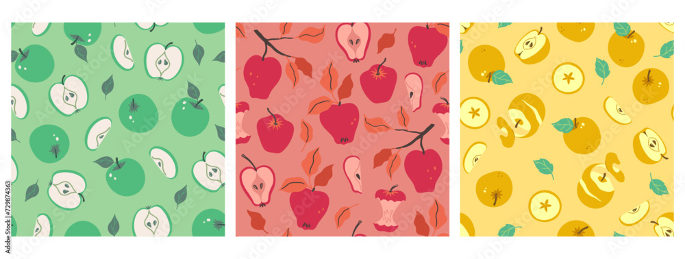 Set of seamless patterns with apples. Vector graphics.