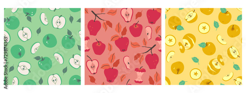 Set of seamless patterns with apples. Vector graphics.