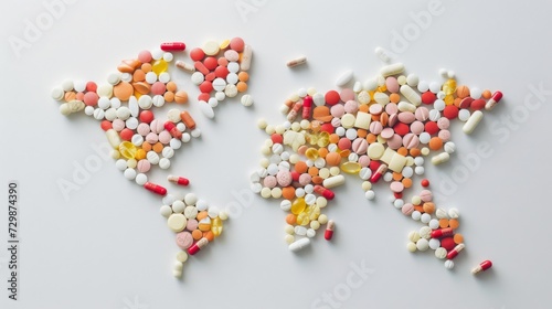 World map made of pills and capsules. Big Pharma illustration. Pharmaceutical industry