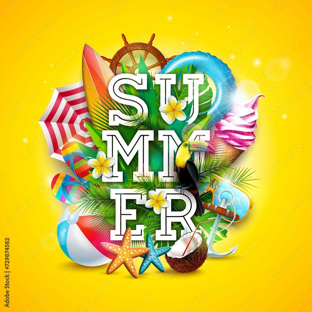 Summer Holiday Banner Design With Colorful Beach Elements Lettering Sun Yellow Background