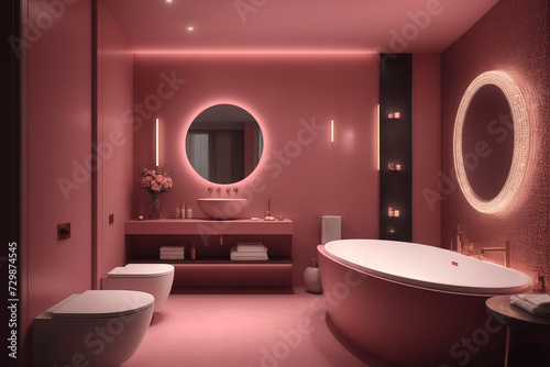 Modern bathroom design in pink tones with mirrors and trendy lighting
