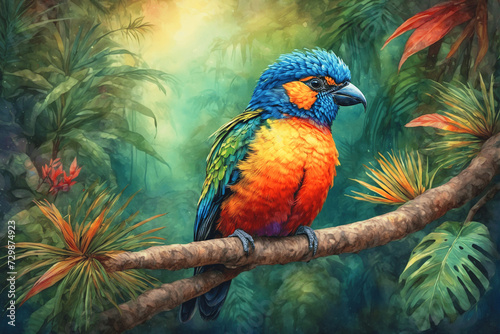 Bright multicolored tropical bird sitting on a branch in the jungle. Watercolor bird of paradise in rainforest