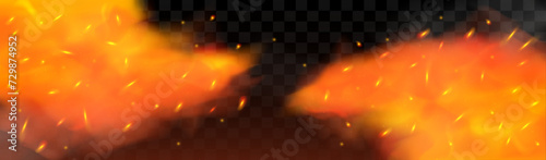 Flame, fire and sparks overlay effect. Vector illustration of burning particles and smoke. Design of websites, social networks, advertising materials, games, posters, mobile applications